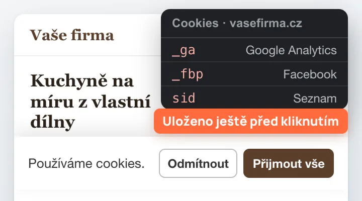 Web firmy s nekliknutou cookie lištou, přesto už má v prohlížeči uložené cookies Google Analytics, Facebooku a Seznamu
