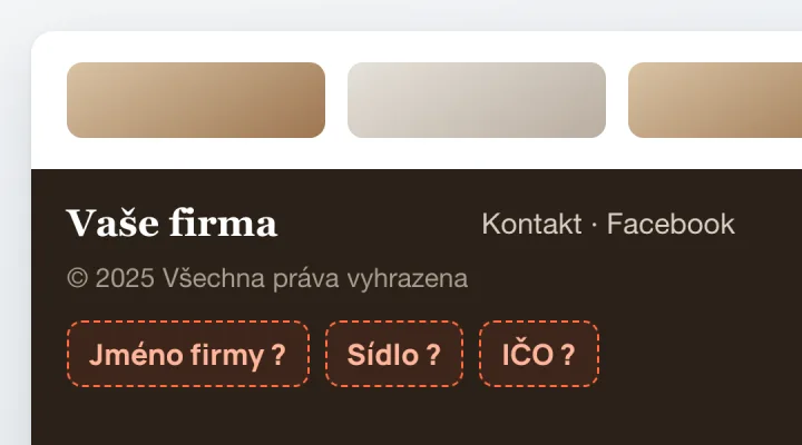 Patička webu jen s názvem, odkazy a copyrightem, chybí jméno firmy, sídlo a IČO