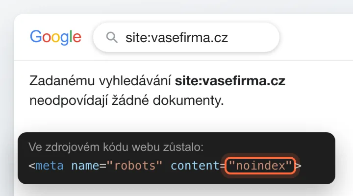 Vyhledávání site:vasefirma.cz bez jediného výsledku a ve zdrojovém kódu webu zapomenutá značka meta robots noindex