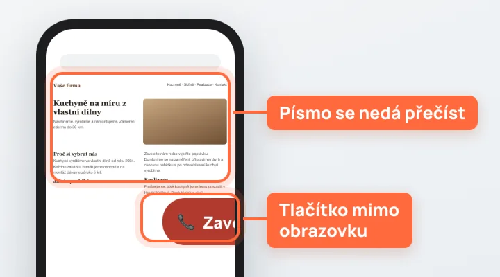 Telefon s webem, který se nepřizpůsobil mobilu: drobné nečitelné písmo a tlačítko Zavolejte nám useknuté za okrajem obrazovky