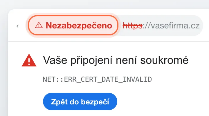 Adresní řádek prohlížeče s červeným varováním Nezabezpečeno a přeškrtnutým https u adresy vasefirma.cz, pod ním hláška Vaše připojení není soukromé