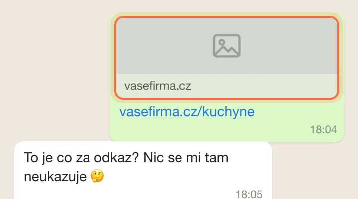 Konverzace v chatu, kde se odkaz na vasefirma.cz zobrazil jen jako šedý rámeček bez obrázku, a kamarádka odpovídá, že se jí tam nic neukazuje