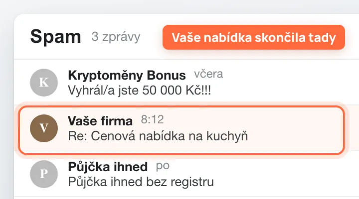 Složka Spam v poště, kde mezi podvodnými zprávami o výhře a půjčce leží cenová nabídka od firmy