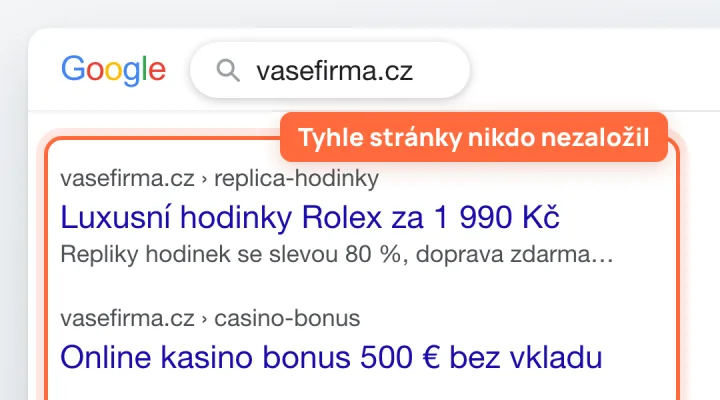 Výsledky vyhledávání pro vasefirma.cz, kde se mezi stránkami firmy objevují cizí nabídky levných hodinek Rolex a online kasina